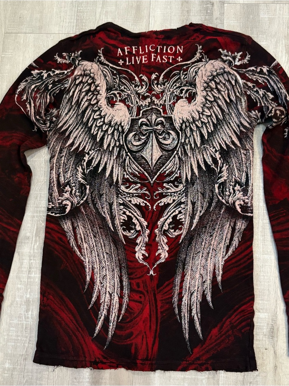 Affliction Red and Black Angel Wings Long Sleeve